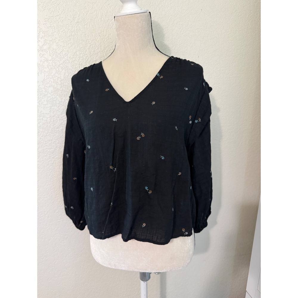 ana a new approach Black Floral Embroidered V-Neck Blouse Petite Medium PM